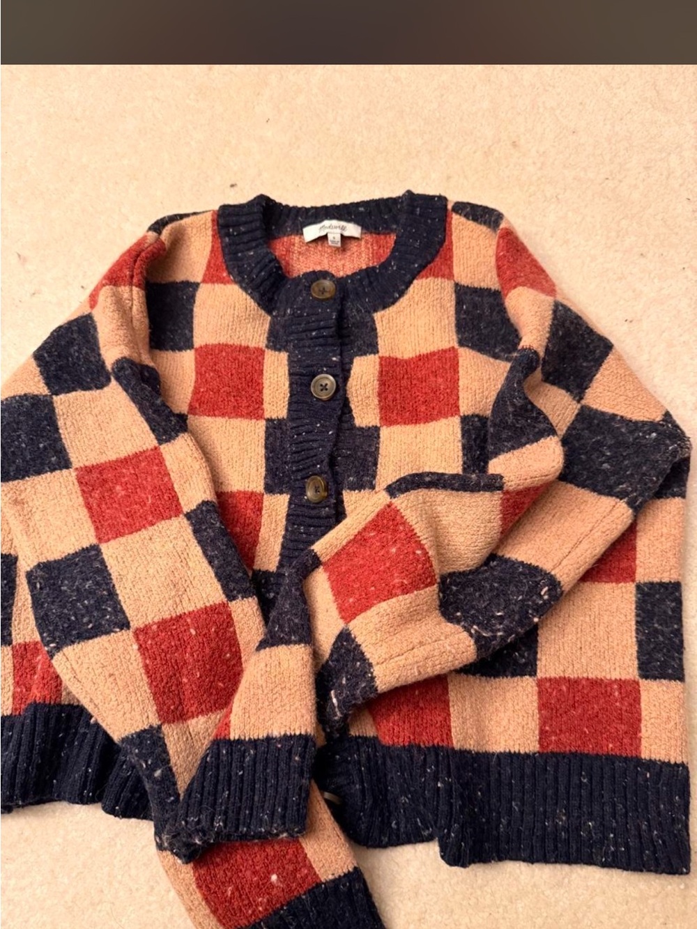 Madewell Checker Knit Cardigan in Navy, Rust & Tan